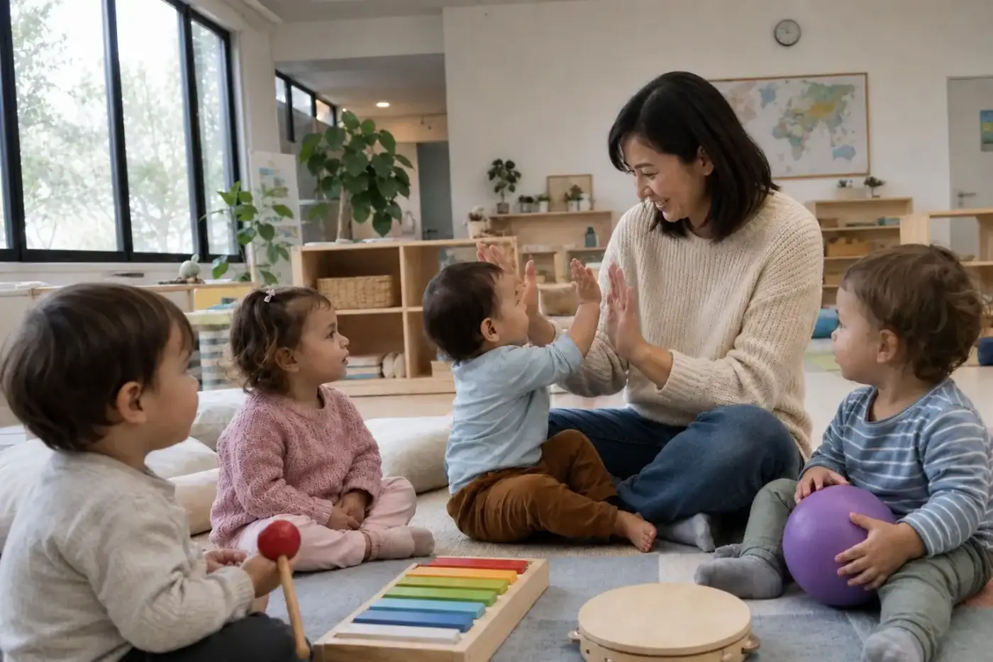 Educator sharing a high five with a toddler during circle time, surrounded by young children with musical instruments in a bright classroom.