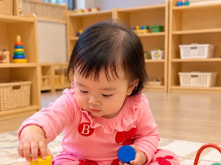 Infant in a pink outfit placing a yellow block into a wooden shape sorter in the Richmond infant room.