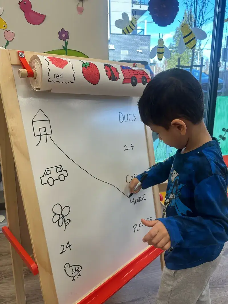 Child writing words beside simple drawings on a classroom easel.