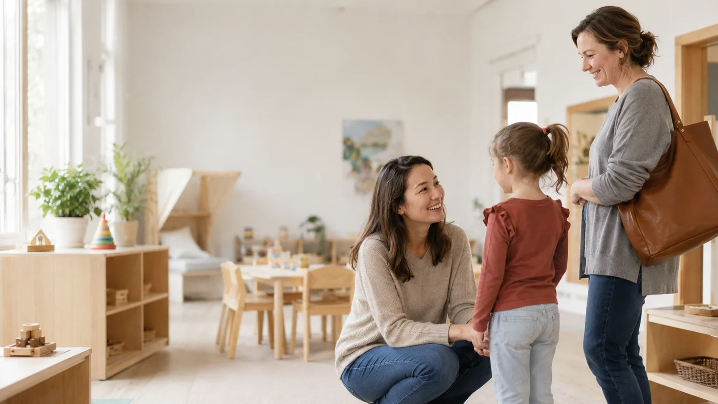 Educator warmly greeting a parent and child in a bright child care classroom.
