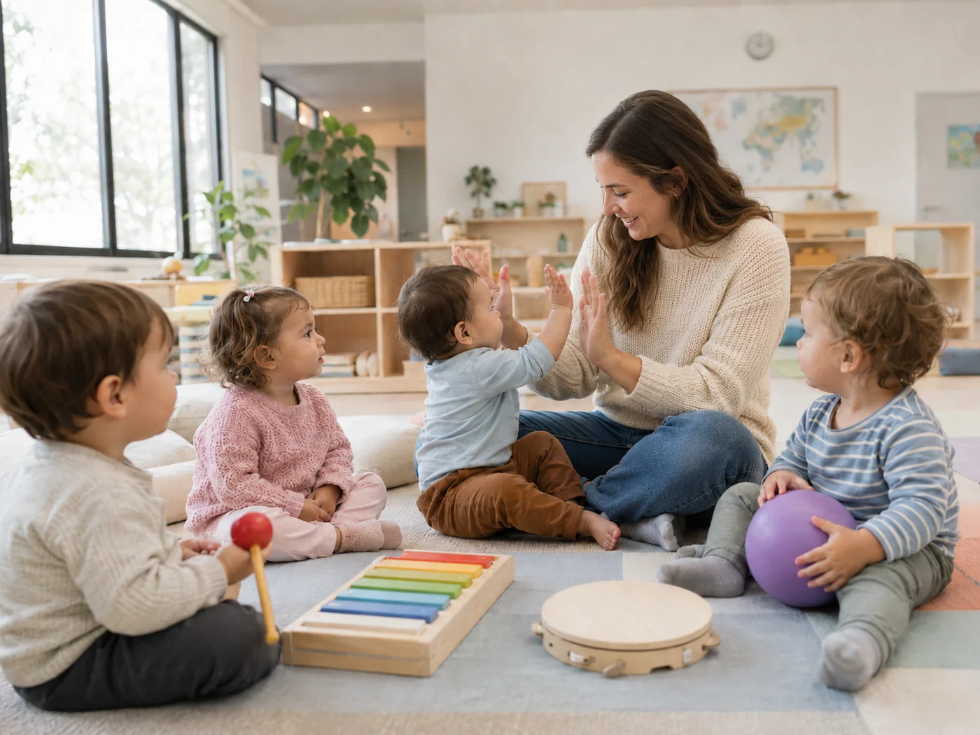 Educator smiling with young children during a music and movement activity in a bright classroom.