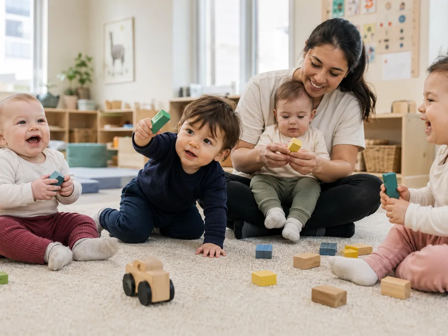 Educator sitting with infants as they play with soft blocks in a bright early learning classroom.