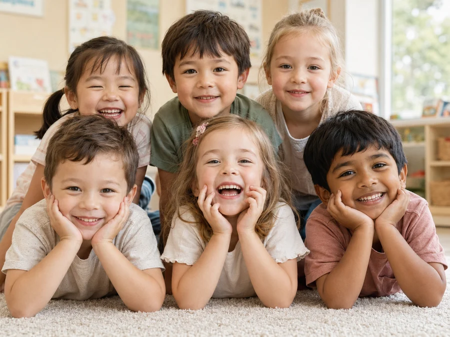 Smiling Junior Kindergarten children gathered together in a bright classroom.