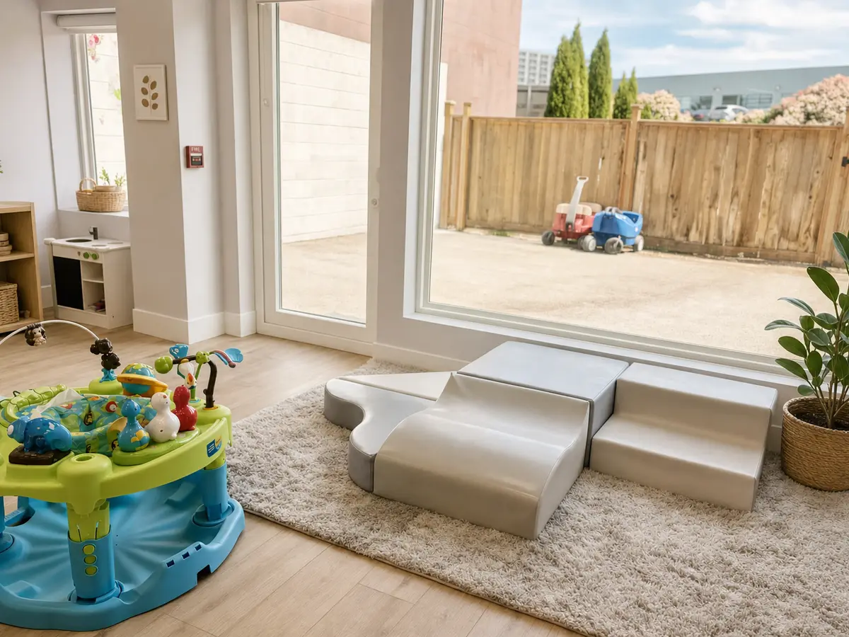 Infant classroom with child-height furniture, storage, toys, and bright outdoor-facing windows.