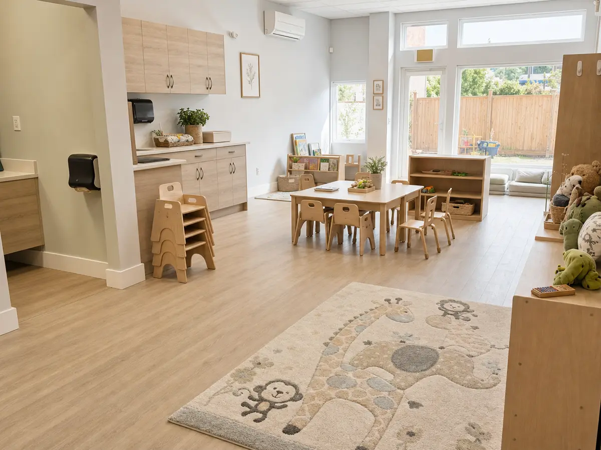 Infant play area with soft climbing blocks, an activity center, and large windows to the outdoor play yard.