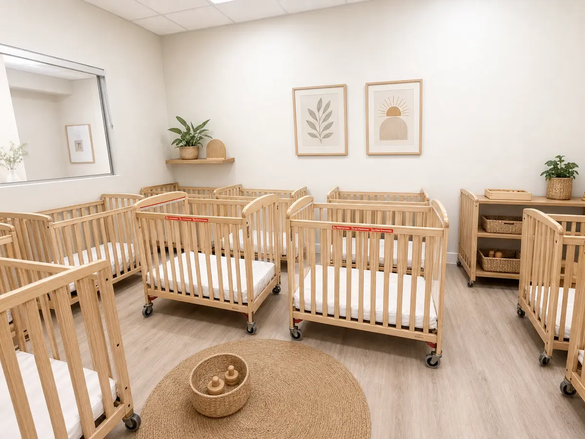 Infant nap room with rows of wooden cribs prepared for rest time.
