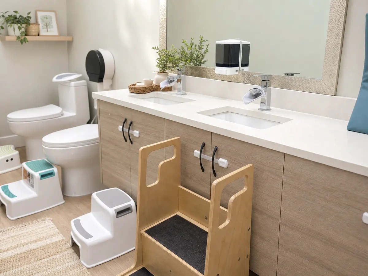 Infant washroom with low step stools, double sinks, toilet, and changing area.