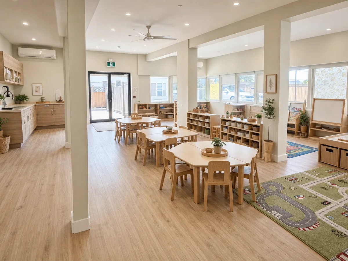 Junior Kindergarten classroom with child-height tables, learning shelves, plants, and bright windows.