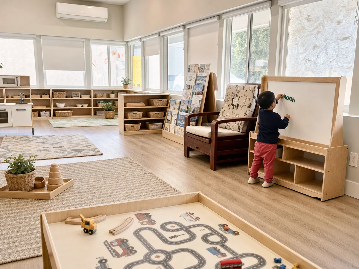 Junior Kindergarten learning area with activity tables, low shelves, and an open classroom layout.