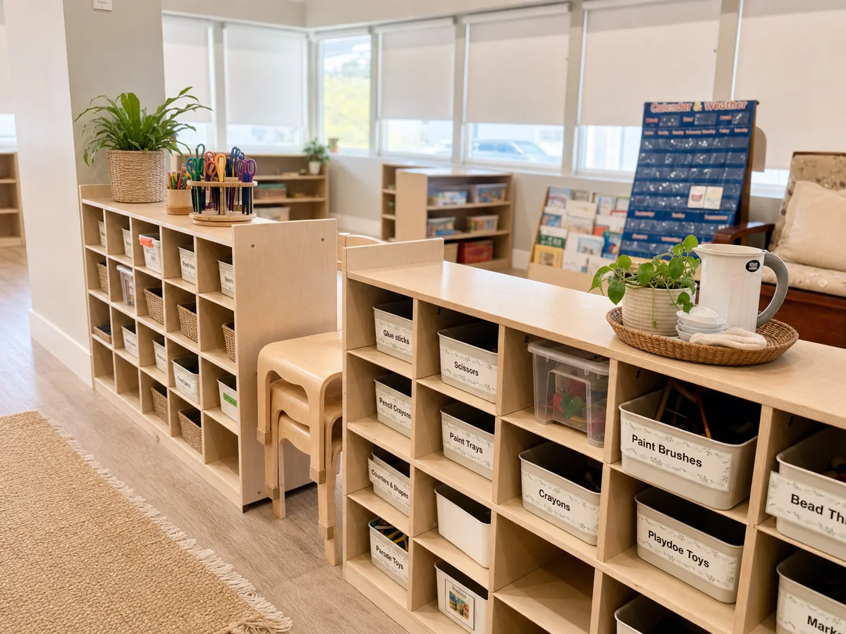 Junior Kindergarten play area with soft mats, toys, and large windows facing the outdoor yard.