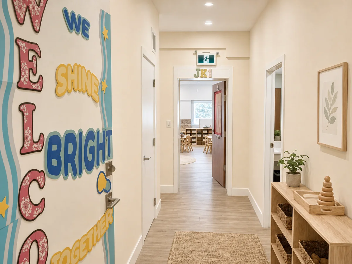 Junior Kindergarten classroom entry with coat hooks, cubbies, and organized personal storage.