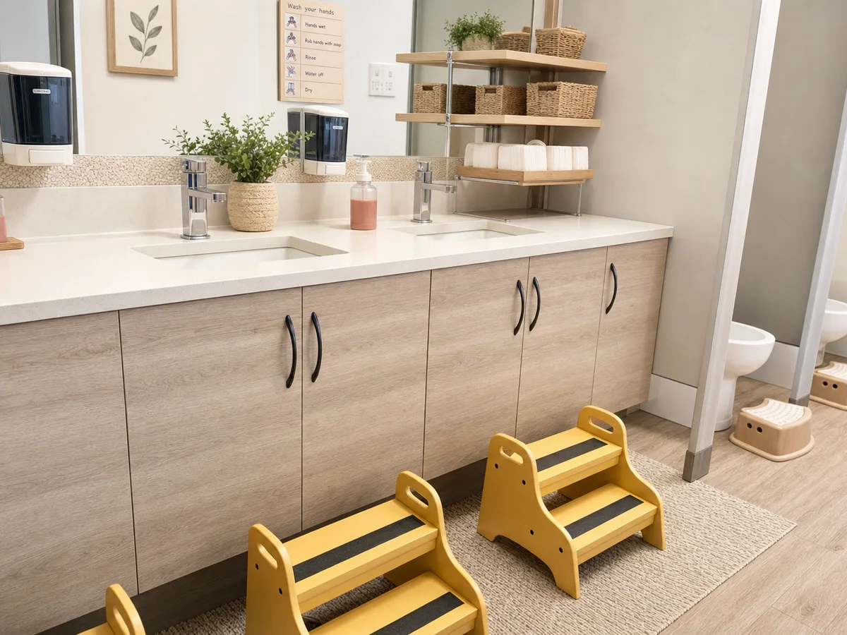 Junior Kindergarten washroom with child-height toilets, sinks, step stools, and clean fixtures.