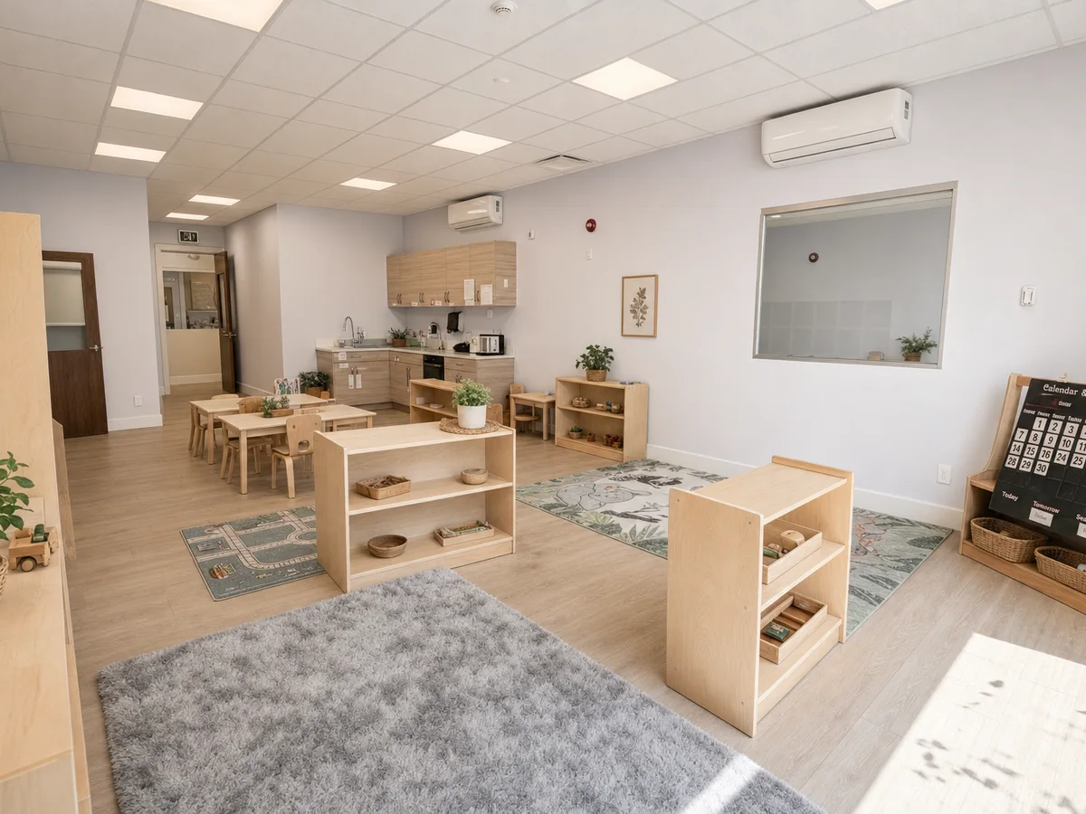 Toddler classroom with child-height tables, wooden shelves, reading nook, and soft natural light.