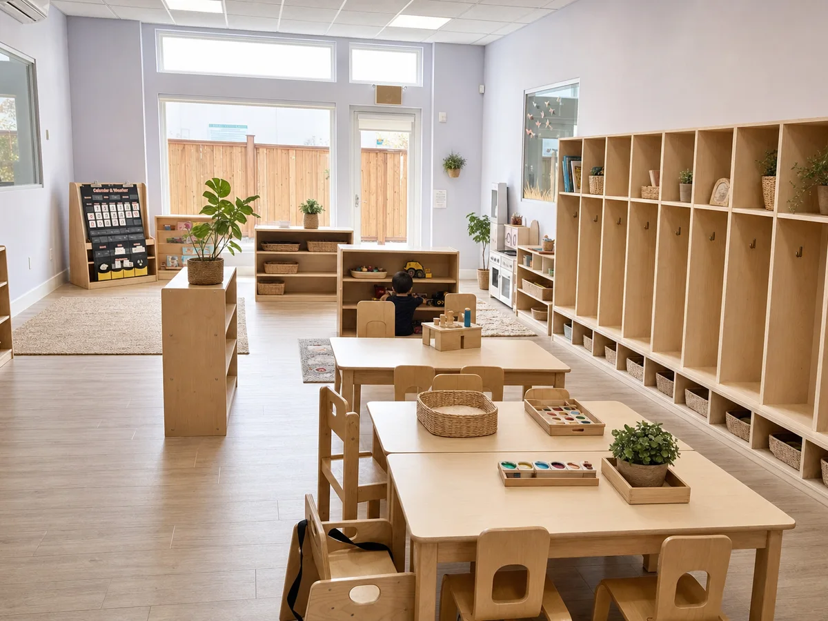Toddler classroom play area with a soft rug, toys, low shelves, and large windows.