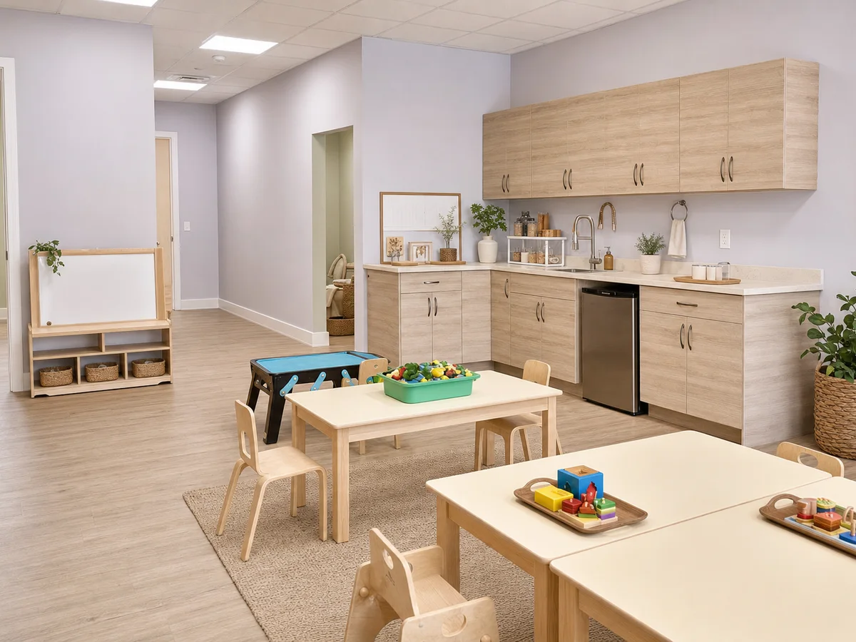 Second toddler classroom with activity tables, storage shelves, and a bright open floor area.