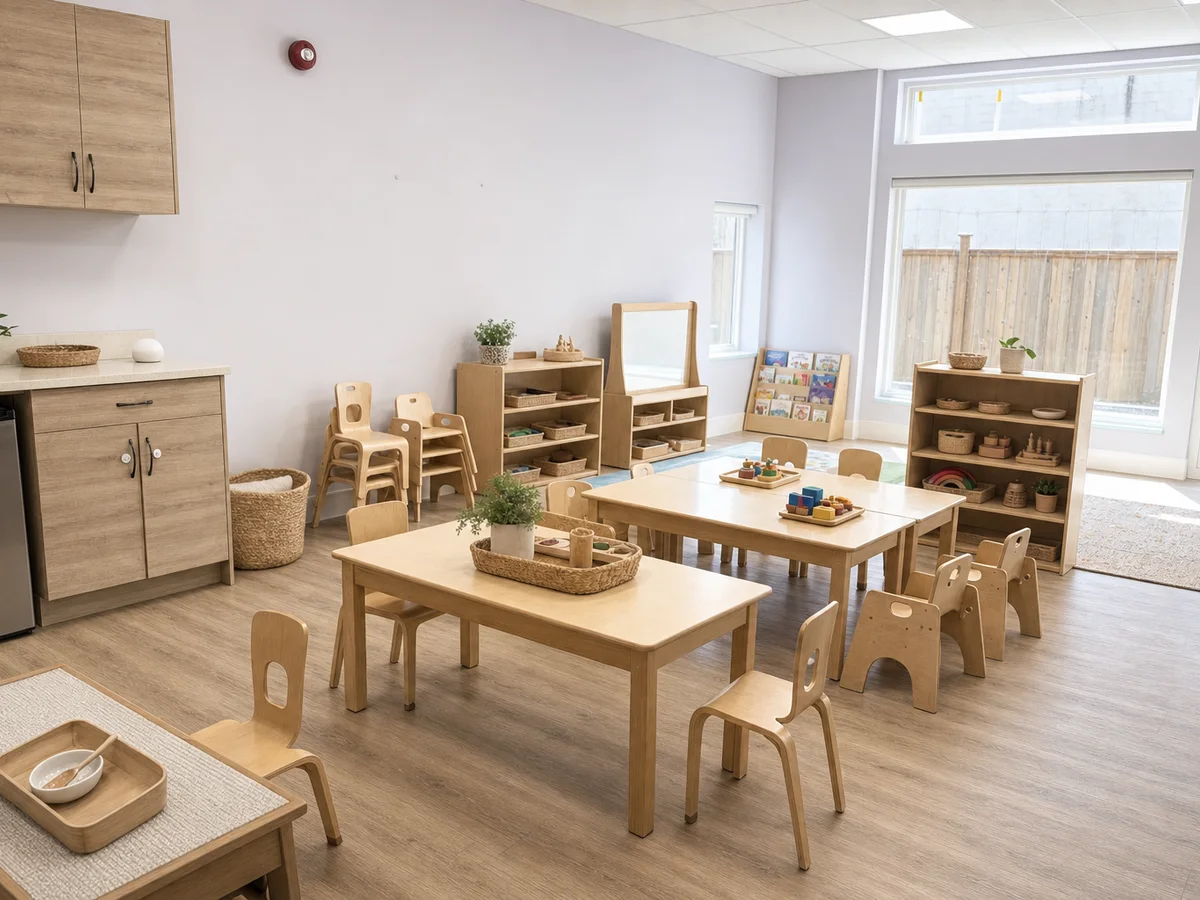 Second toddler classroom play area with soft mats, toys, and windows facing the outdoor yard.