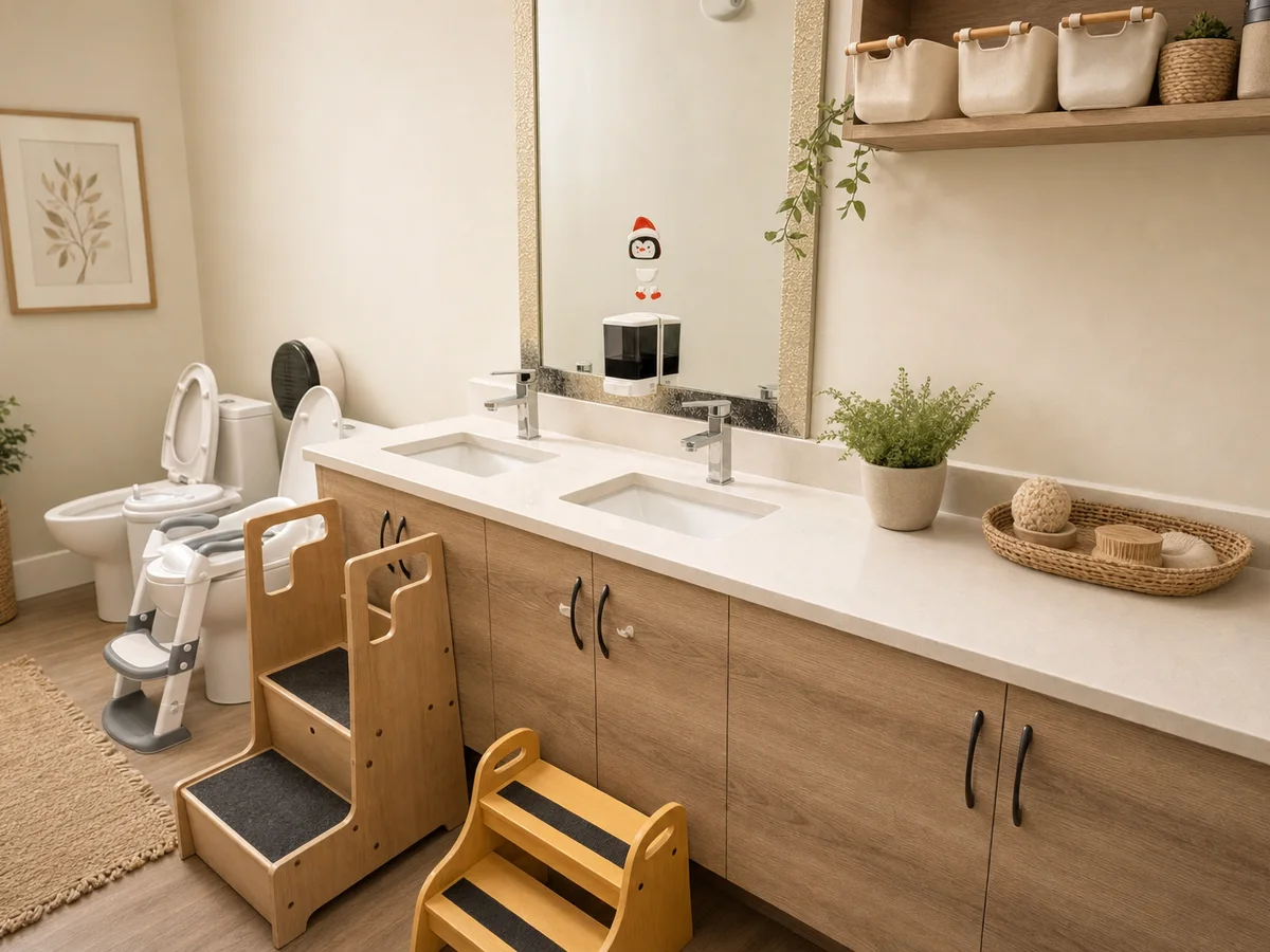 Toddler washroom with child-height toilets, low sinks, step stools, and storage cubbies.