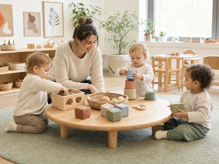 Teacher guiding toddlers around a child-height activity table in a bright classroom.